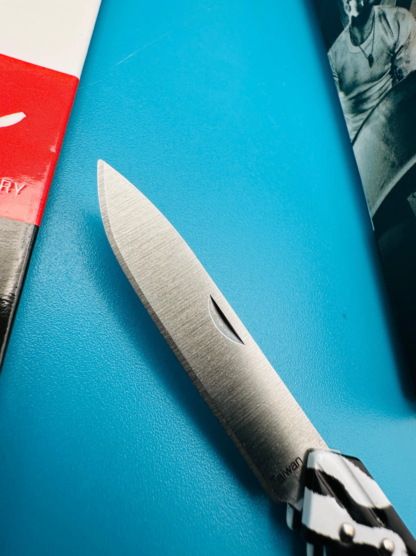 “Close-up of SOG Jungle Key Lockback zebra knife blade opened”