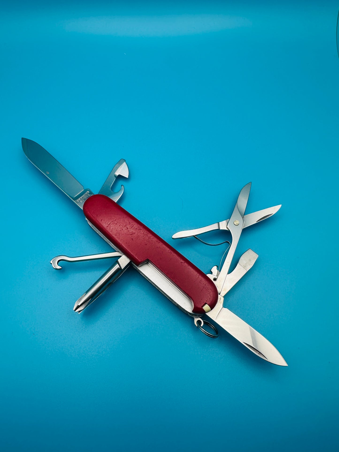 Top view of Super Tinker with scissors and blade extended