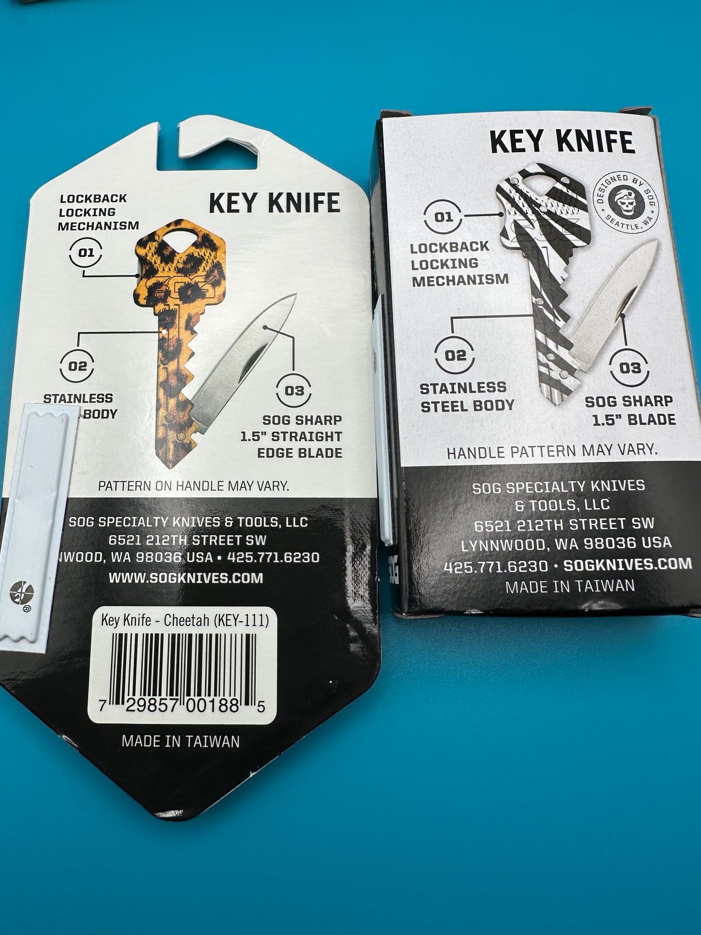 Back view of SOG Jungle Key Lockback knife packages with barcode and product details
