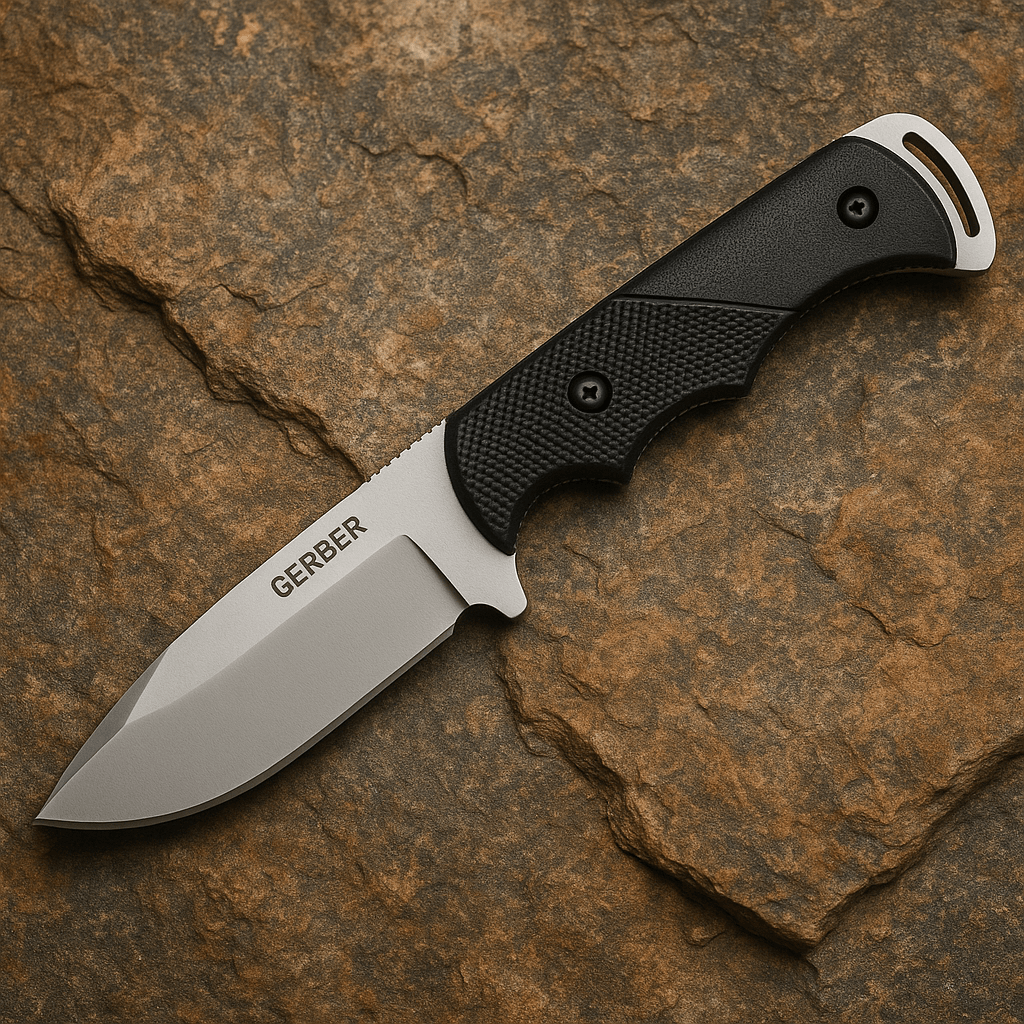 Gerber Freeman Guide Fixed Blade knife with drop point blade resting on natural background