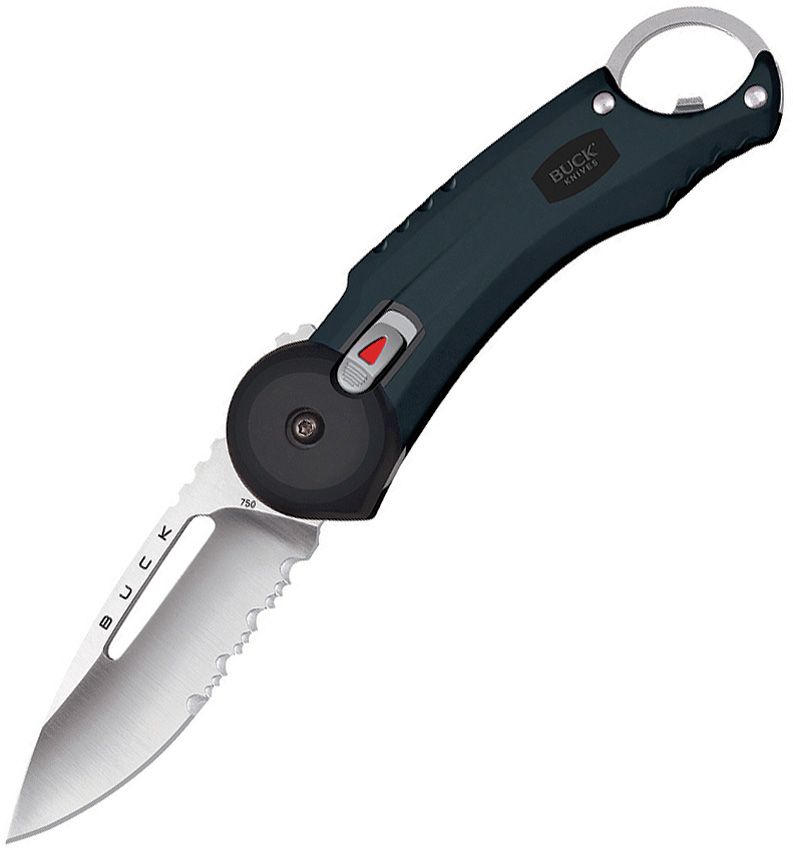 Buck Redpoint black folding knife with partially serrated blade, SafeSpin deployment, and bottle opener, displayed on white background.