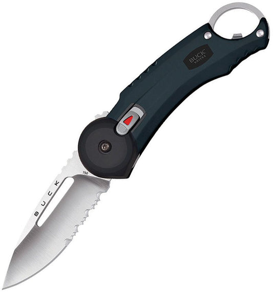 Buck Redpoint black folding knife with partially serrated blade, SafeSpin deployment, and bottle opener, displayed on white background.