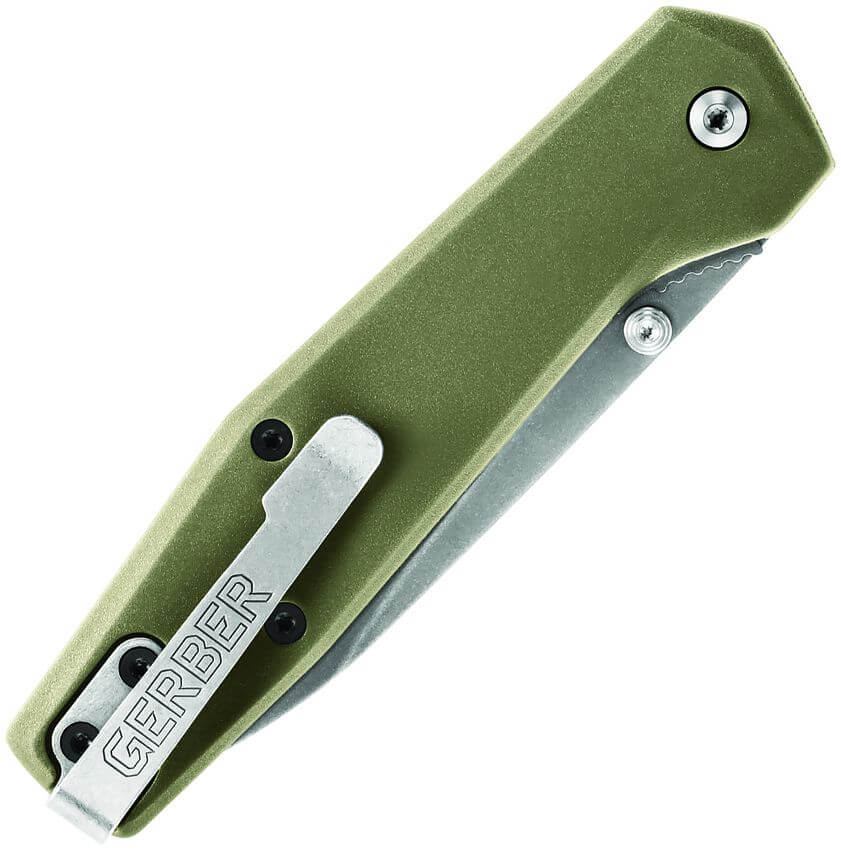 Side view of Gerber Fuse folding knife showing green polymer handle and pocket clip

