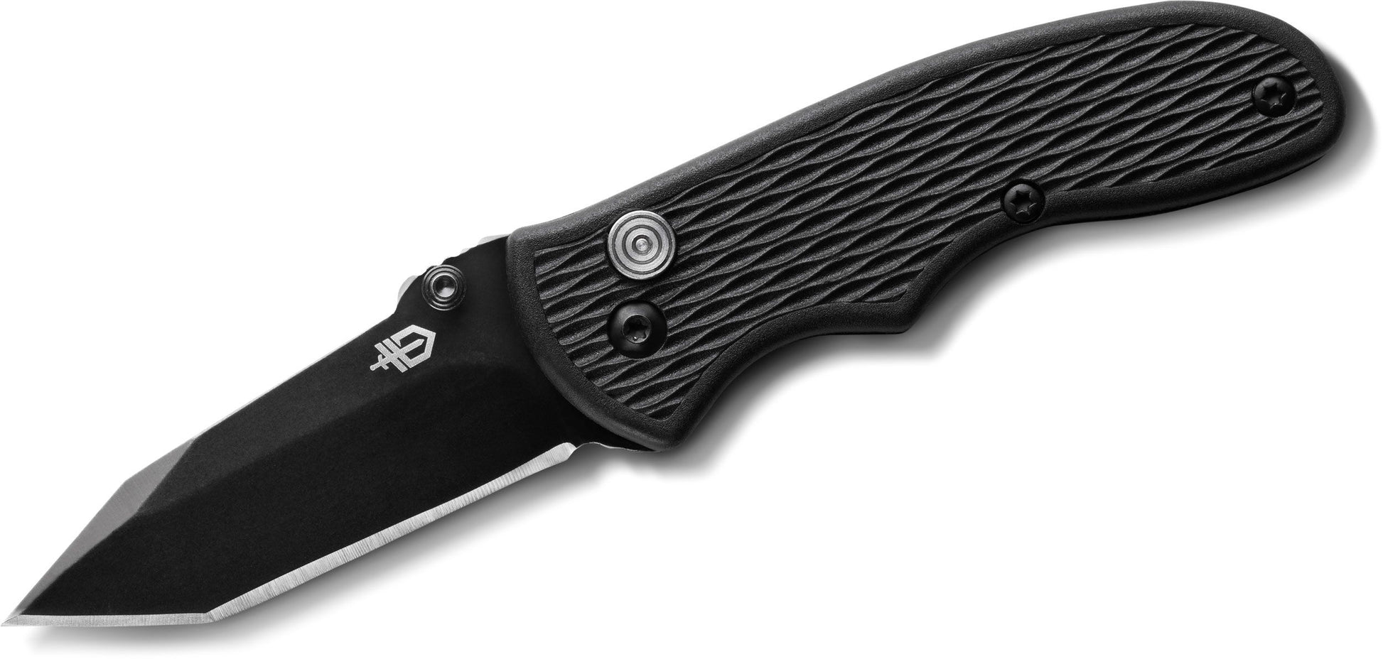 Angled view of Gerber FAST Draw knife showing textured black handle