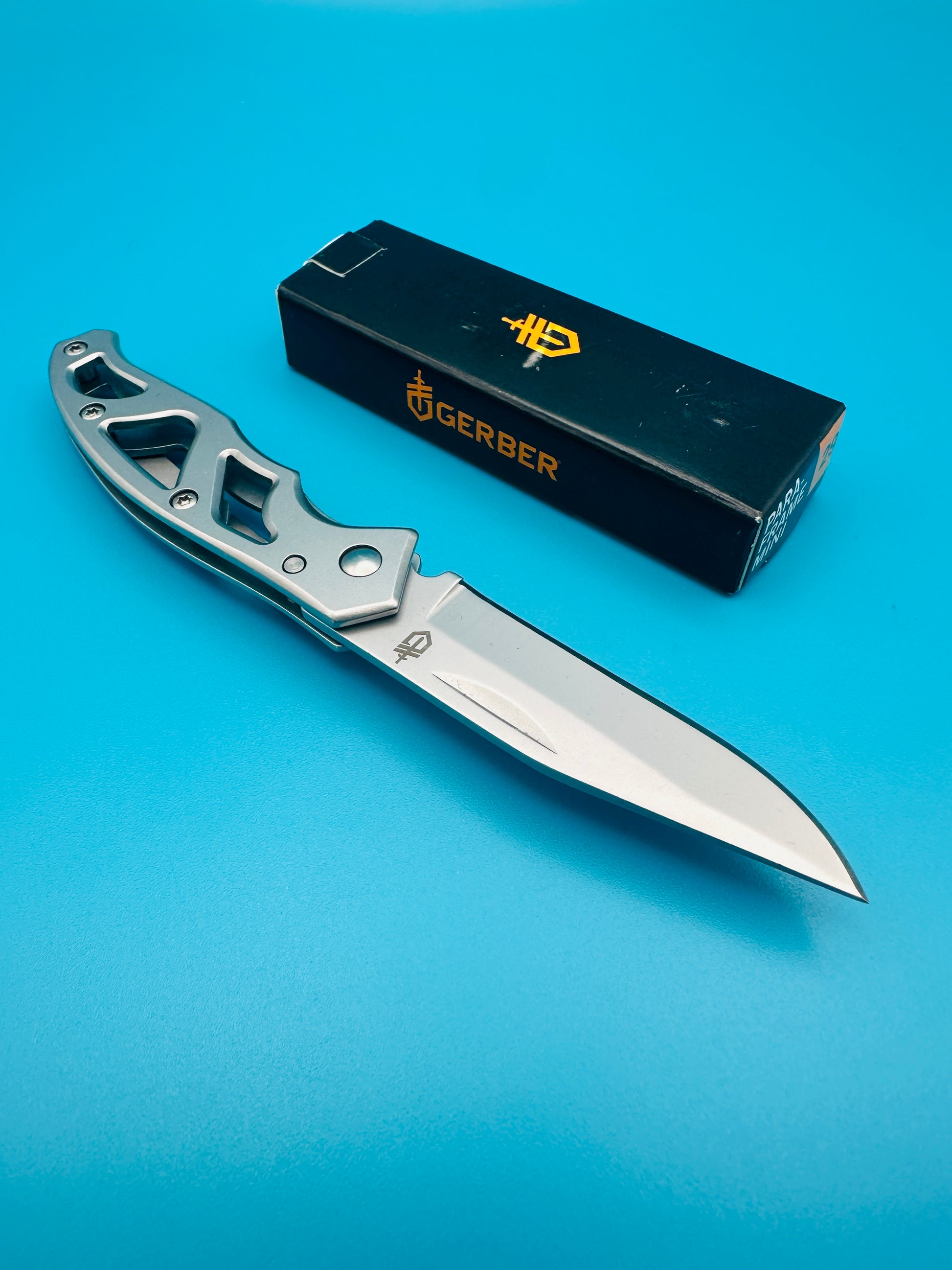 Gerber Mini Paraframe folding knife with satin blade and box, top view