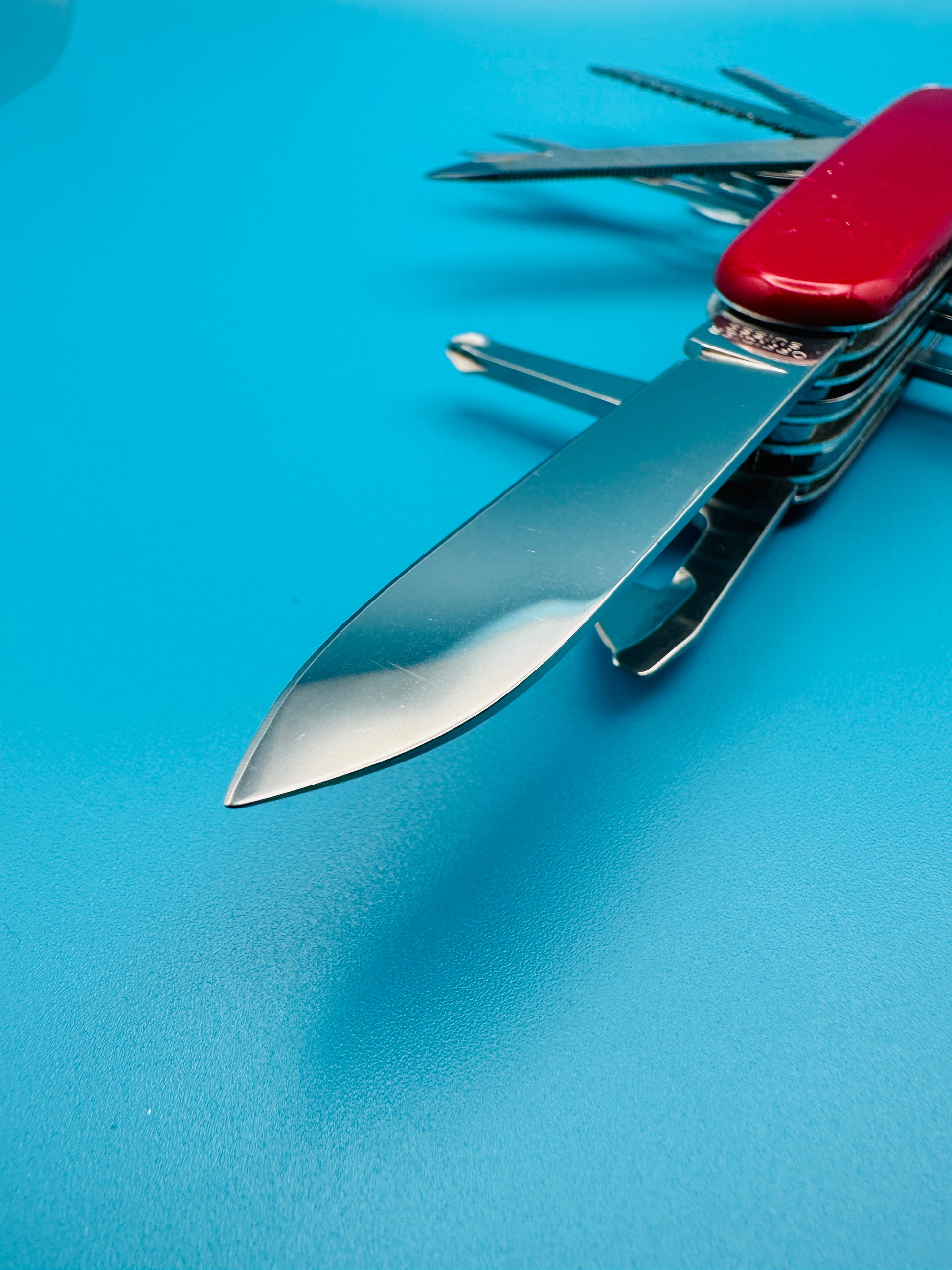 Main blade of Victorinox Champion Plus extended, angled view