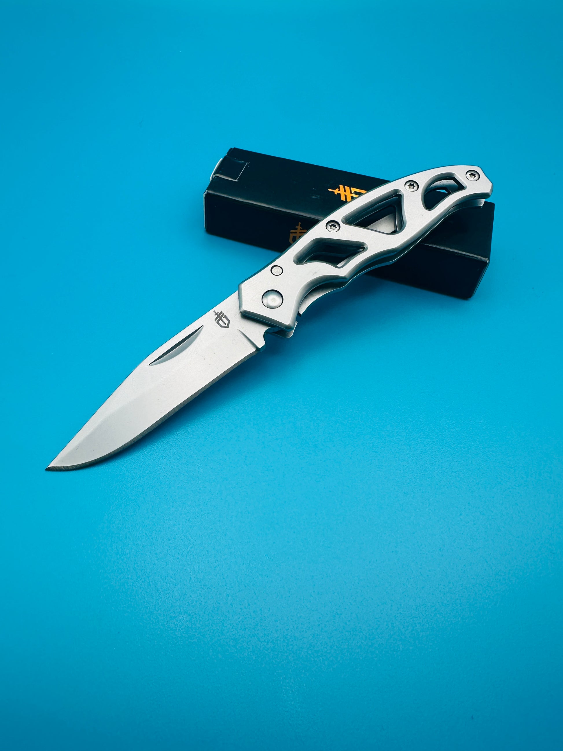 Gerber Mini Paraframe knife with box, side view open blade