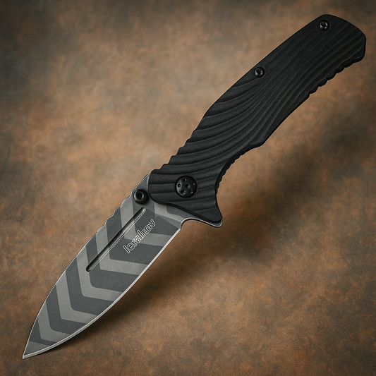 Kershaw Trace folding knife with 3.5-inch Tiger Stripe blade and black GFN handle – open view