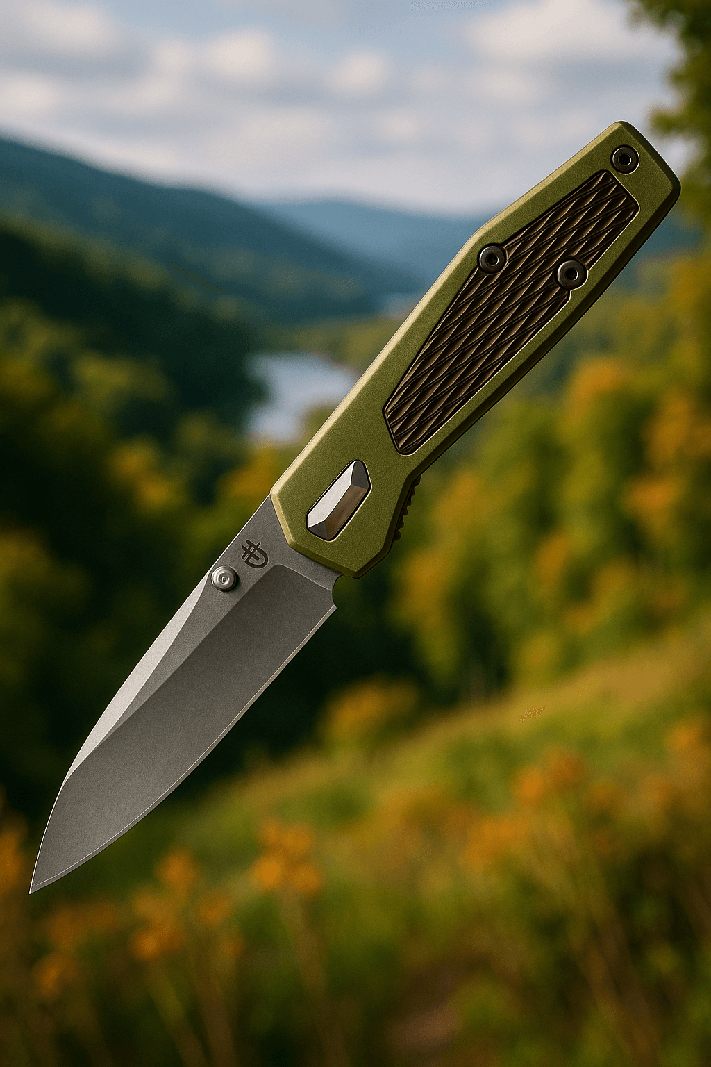 Gerber Fuse folding knife with stonewashed blade and flat sage green handle, open position