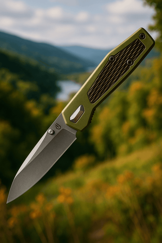 Gerber Fuse folding knife with stonewashed blade and flat sage green handle, open position