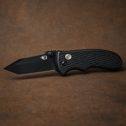 Gerber FAST Draw folding knife with black tanto blade on brown background