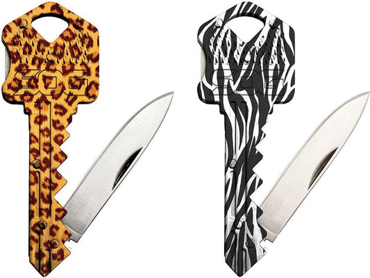 Two SOG Jungle Key Lockback knives with cheetah and zebra patterns, blades open