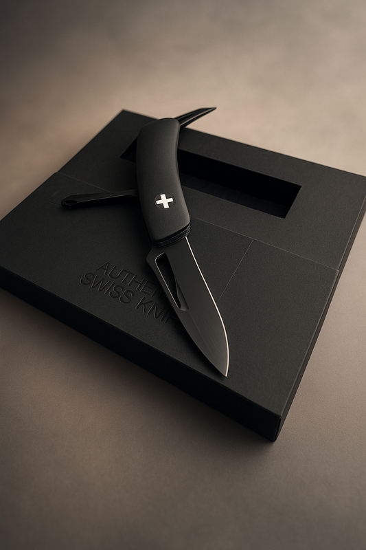 Swiza SH02 Swiss Pocket Knife in black on display box – elegant product shot


