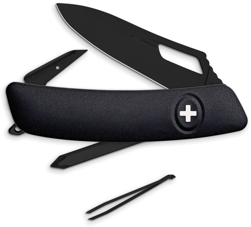 Swiza SH02 Pocket Knife black – opened blade, reamer, and tweezers shown